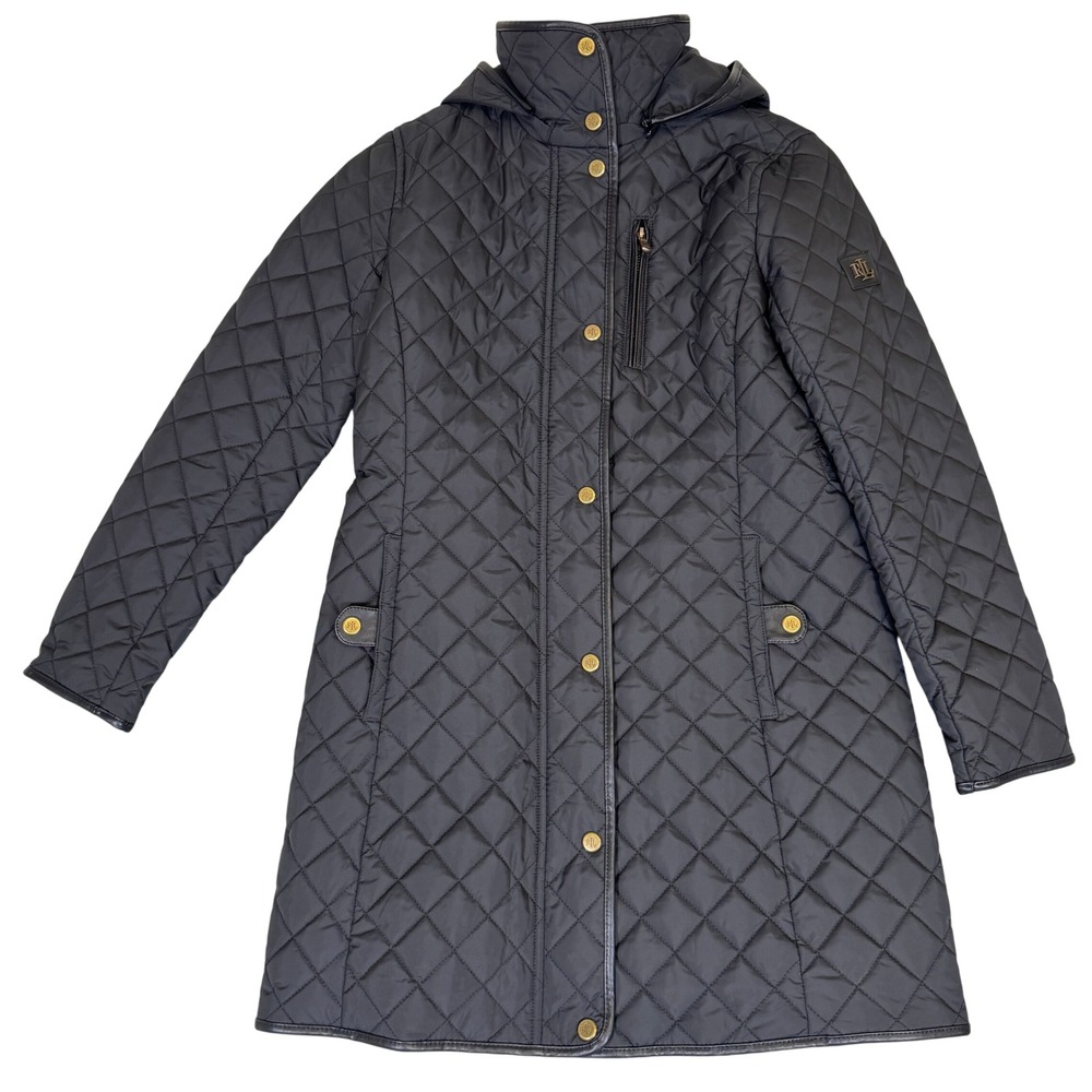 Lauren Ralph Lauren Black Quilted Barn Jacket Hooded Faux Leather Trim PXS TP